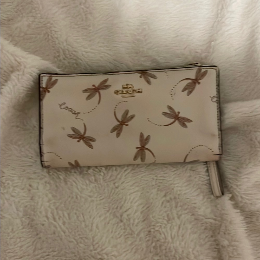 Coach Cream and Brown Wallet with Dragonfly Print